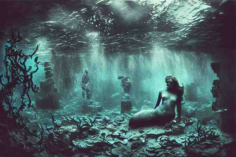 analog photograph of underwater ruins with a mermaid and kelp, deep azure tones, film grain, color bleed, bokeh, depth of field, by ansel adams, ruan jia