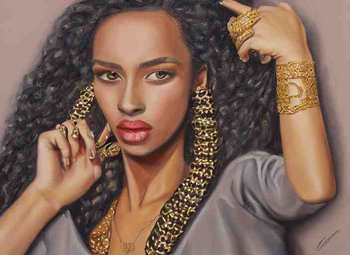 painting of a female wearing hundreds of gold and platinum rings, by alex petruk 