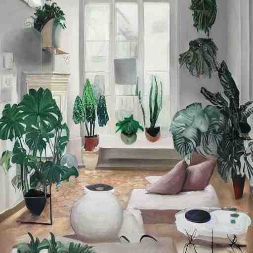 ! dream a living room with plants and speakers and a painting on the wall, a photorealistic painting by mollie forestier - walker, featured on tumblr, light and space, sanctuary, soft light, aesthetic 