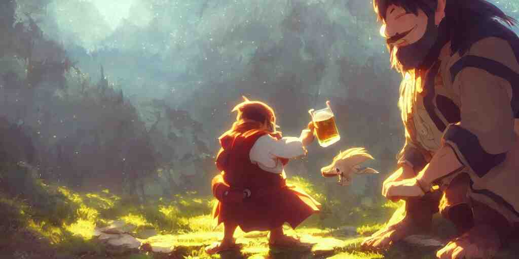 a dwarf and his small pet dragon drinking a beer together | gapmoe kuudere moody lighting stunning bokeh highlights sharp contrast | trending pixiv fanbox | by greg rutkowski makoto shinkai takashi takeuchi studio ghibli 