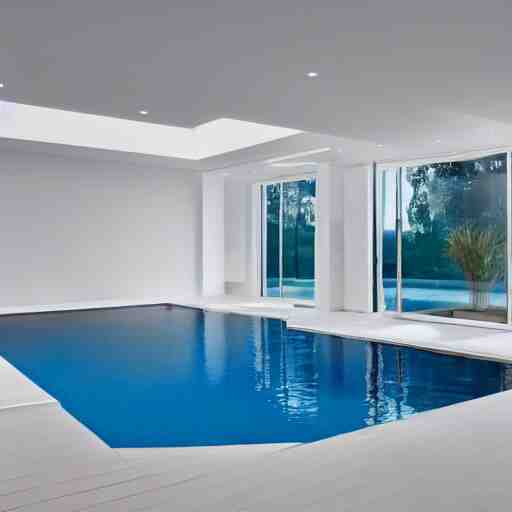 a new swimming pool in a large white room with a door that leads to a gray room with on light on in it. dream like. 