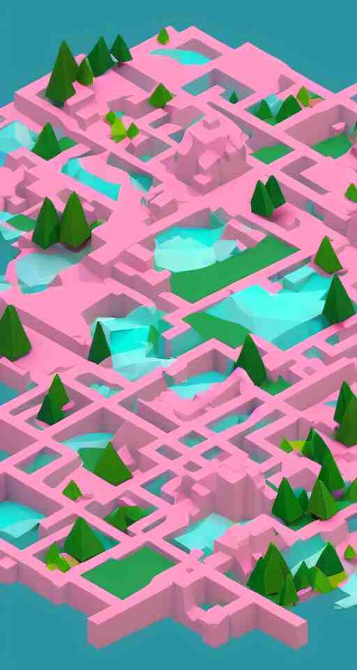 a cute little matte low poly isometric cherry blossom forest island, pink waterfalls, mist, lat lighting, soft shadows, trending on artstation, 3d render, monument valley, fez video game,