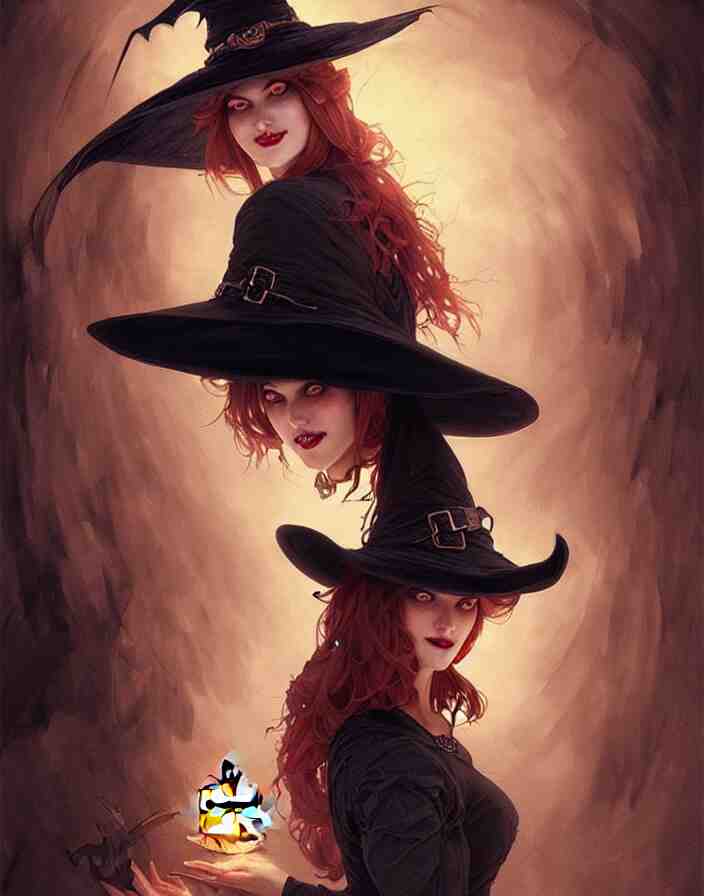 halloween witch woman in a hat smiles, fantasy magic, undercut hairstyle, dark light night, intricate, elegant, sharp focus, illustration, highly detailed, digital painting, concept art, matte, art by wlop and artgerm and greg rutkowski and alphonse mucha, masterpiece 