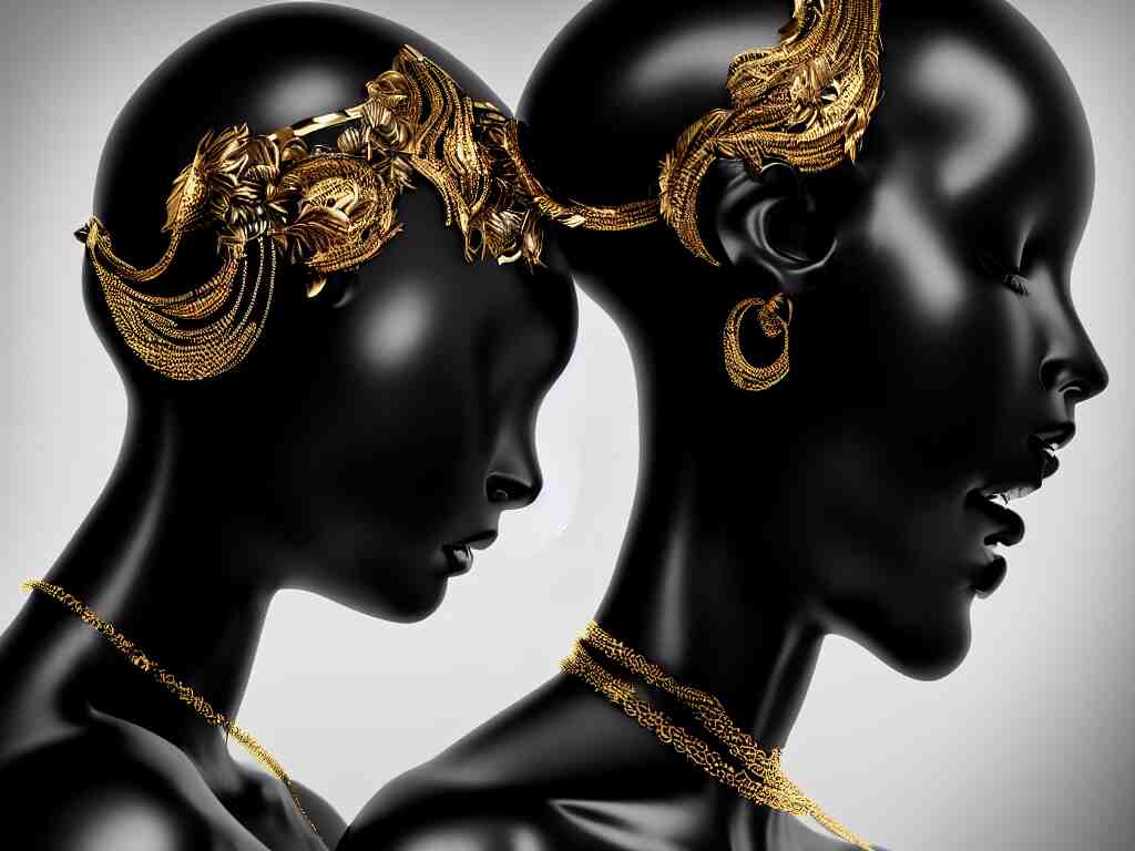 a black mannequin head with ornamented flowing diaphanous jewelry, 4k, trending on artstation, hypermaximalist, photorealistic, moody, dramatic, octane render