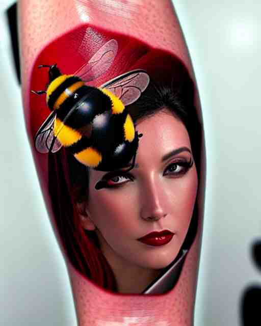 a tattoo of bee movie on the face of a woman with crimson - black hair, cute crimson - black bee - themed outfit, cinematic lighting, beautiful composition 