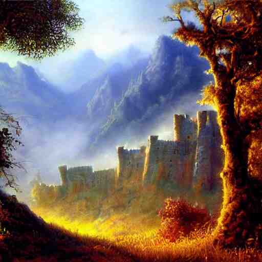 fortress in the misty woods, crisp, clear, matte oil painting, darrell k sweet, wallpaper 