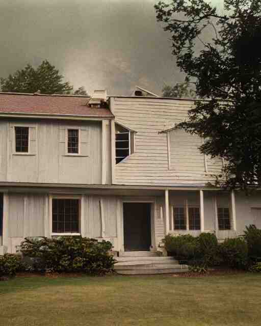 the exterior of a house in devonshire that was built in the 1 9 7 0 s and is rumoured to be haunted, painterly, offset printing technique, photographed on kodachrome by brom, robert henri, walter popp, cinematic lighting, various refining methods, micro macro autofocus, ultra definition, award winning photo 