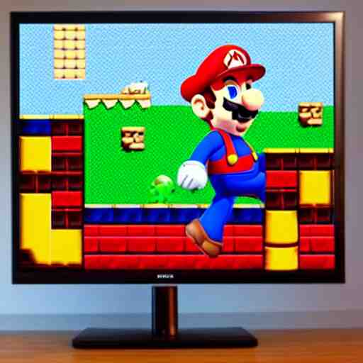 “Mario playing Super Mario on a large flat screen TV, digital art, touching, soft shadows, pop art, unreal engine”