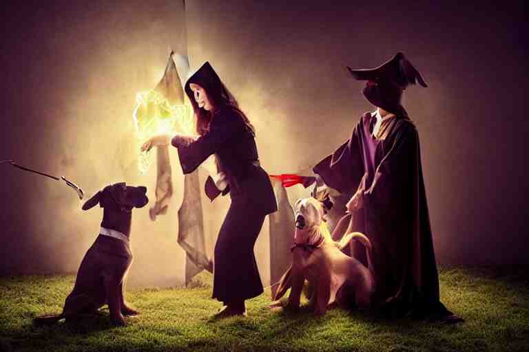 puppy wizard casting a magic spell on an evil witch, majestic pose, dramatic lighting, cinematic scene 