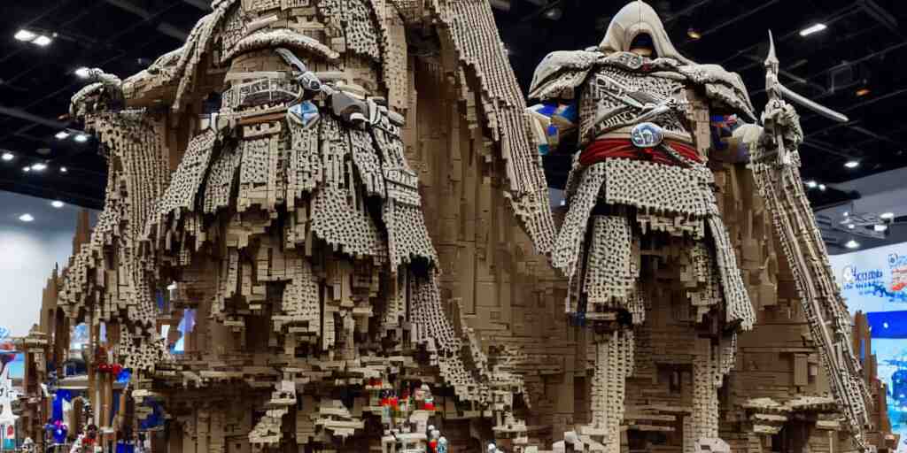 wide shot lens photo of a very intricately detailed and epically shaped 2. 5 meter tall assassin creed lego statue designed by a master builder as displayed at a lego convention, low angle shot. 