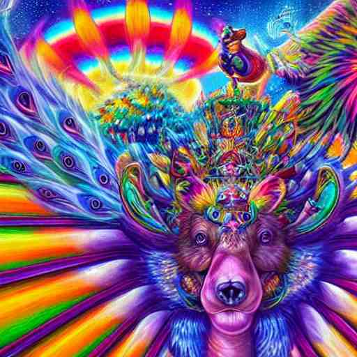 bear riding on a giant peacock through the realms of dmt mario cart race track, painted by lisa frank, alex grey and tim hildebrandt, hyper realism, highly detailed, lsd, psilocybin, sharp focus, sharp contrast, 8 k 