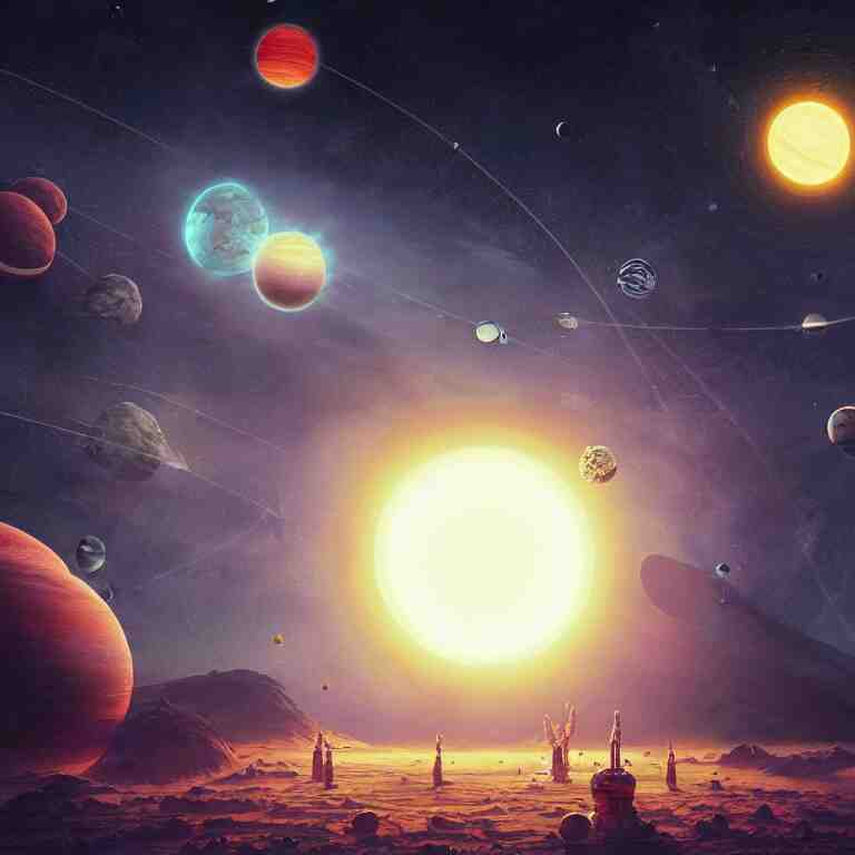 a solar system with planets and asteroids, intricate artwork by Tooth Wu and wlop and beeple, greg rutkowski, very coherent symmetrical artwork, cinematic, hyper realism, high detail, octane render, unreal engine, 8k, Vibrant colors, Smooth gradients, High contrast, depth of field by Jacek Yerka, Mariusz Lewandowski, Houdini algorithmic generative render, Abstract brush strokes, Masterpiece, Edward Hopper and James Gilleard, Zdzislaw Beksinski, Mark Ryden, Wolfgang Lettl, hints of Yayoi Kasuma, octane render, 8k