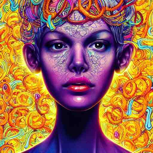 the head of a ridiculously beautiful and pretty woman partially made of onion rings of all colors looking up, an ultrafine detailed illustration by james jean, final fantasy, intricate linework, bright colors, behance contest winner, vanitas, angular, altermodern, unreal engine 5 highly rendered, global illumination, radiant light, detailed and intricate environment 