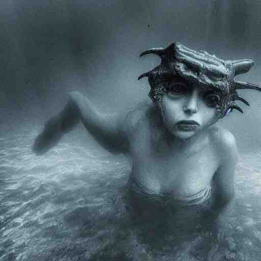 sea monster, wide angle, pov underwater, pale skin, dark, foggy water, dramatic,'silent hill ', big eyes, terrifying, horrific, cinematic 