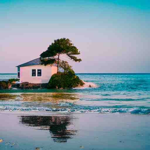 small house on an island beach, gentle waves 