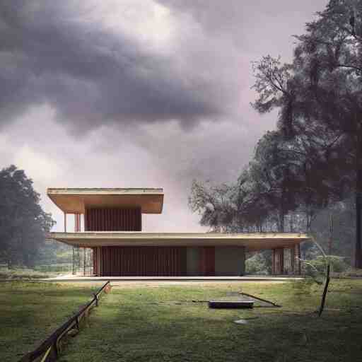 rectangular modernist house inspired by a tibetan palace, surrounded by thick collumns, two levels, in a field, big trees, clouds, dramatic lighting, artstation, matte painting, raphael lacoste, simon stalenhag, frank lloyd wright, drone view 