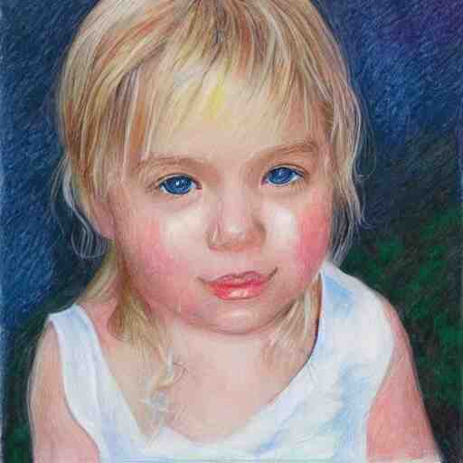 4 year old blonde girl with iphone colored pencil on white background by eloise wilkin 