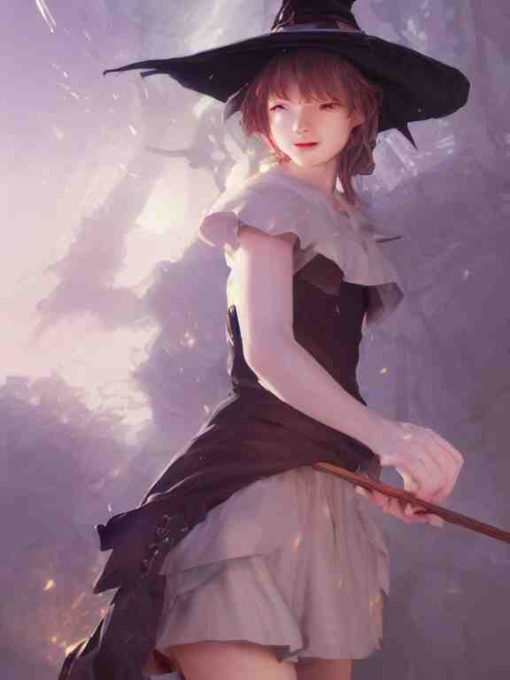 A mischievous young witch about to get up to some trouble. Elegant. Smooth. By Ruan Jia and Artgerm and Range Murata and WLOP and CLAMP. Key Art. Fantasy Illustration. award winning, Artstation, intricate details, realistic, Hyperdetailed, 8k resolution.