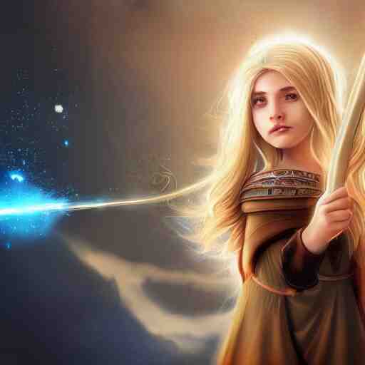 A young mage with blonde hair holding a magical wand. Fantasy, digital painting, HD, 4k, detailed.