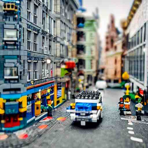 mini lego in the city, photorealistic, highly detailed, sharp focus, vivid, symmetrical, random, convoluted, mind - blowing, creative, fully functional, physics defying, amazing, cool, atmospheric 