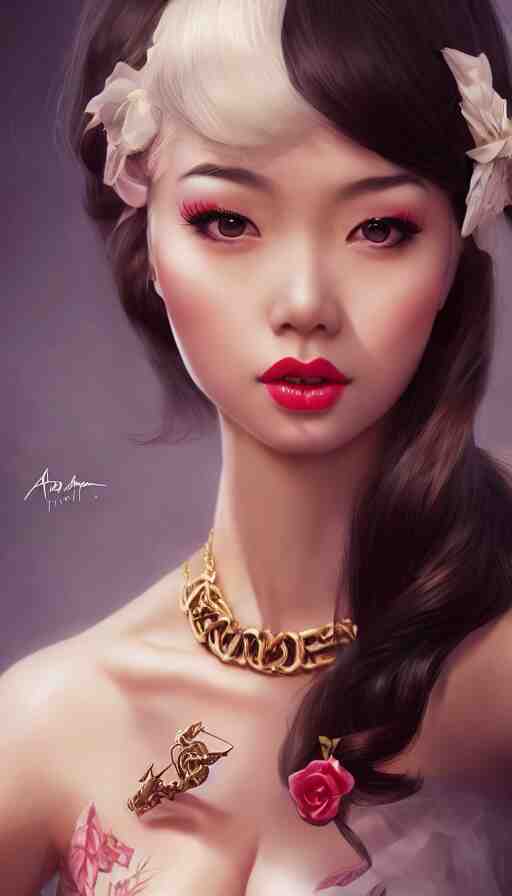 a pin up and beautiful fashion and charming and dreamlke asian girl with lv jewelry, medium shot, art by artgerm & ross tran & wlop, hyperdetailed, 8 k realistic, symmetrical, frostbite 3 engine, cryengine, dof, trending on artstation, digital art 