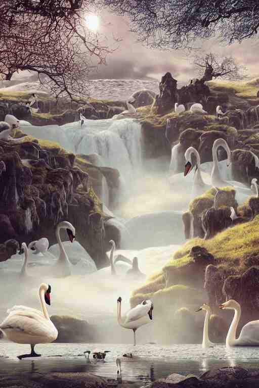 beautiful bjork with swans in iceland by hubert robert and lee madgwick and roger dean and jacek yerka, dan mumford and alex grey style, soft lighting, 4 k hd wallpaper illustration concept joy atmospheric lighting 