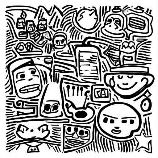 black and white composition of a variety of seperate doodles, drawings, faces, symbols, cartoons, lineart, cave drawing, silhouette, tattoo, chinese ink brush, app icon 