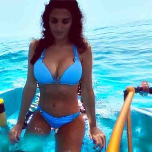 deep sea footage of salma hayak in a bikini by an rov, underwater photograph 