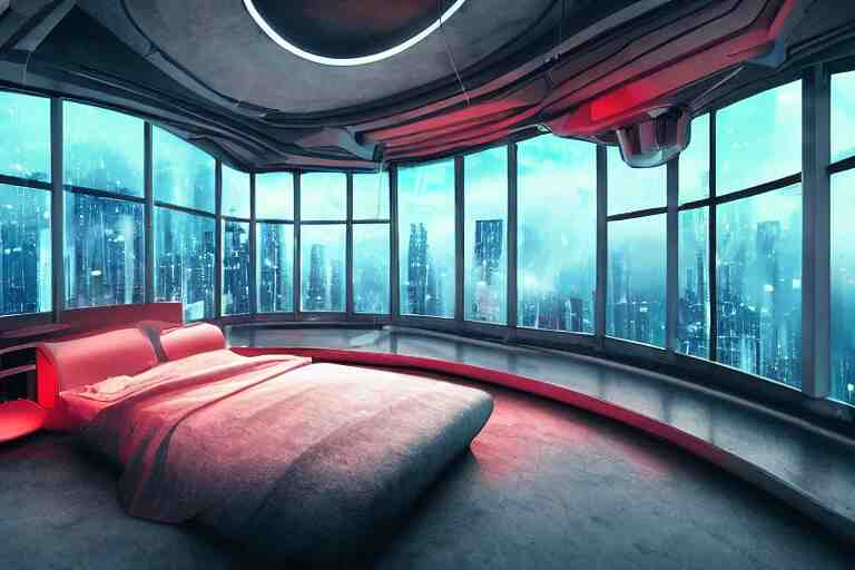 a futuristic bedroom with large curved ceiling high windows looking out to a far future cyberpunk cityscape, cyberpunk neon lights, raining, scifi