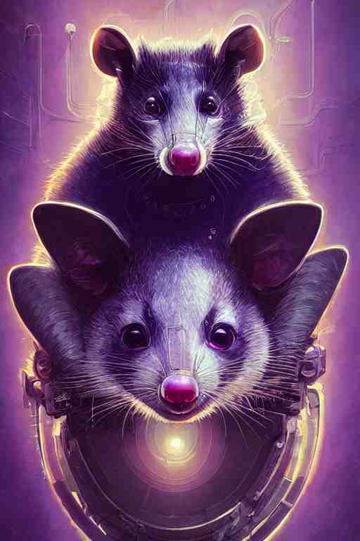 a beautiful portrait of a cute cyberpunk opossum by sandra chevrier and greg rutkowski and wlop, purple blue color scheme, high key lighting, volumetric light, digital art, highly detailed, fine detail, intricate, ornate, complex, octane render, unreal engine, photorealistic 