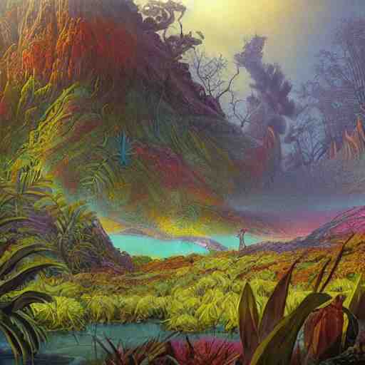 digital painting of a lush wet natural scene on an alien planet by gerald brom. digital render. detailed. beautiful landscape. colourful weird vegetation. 