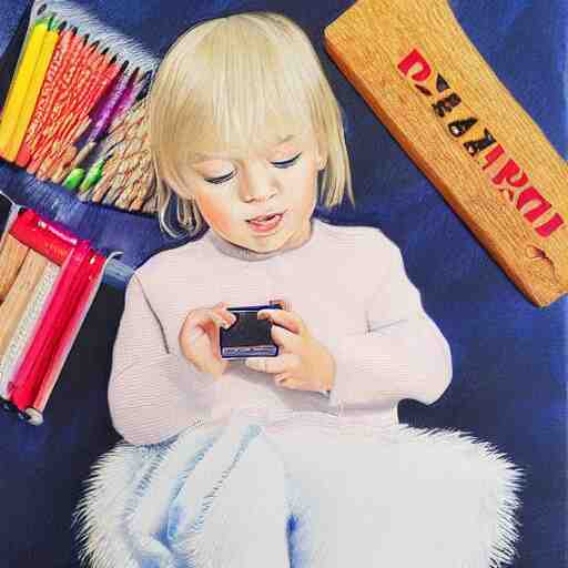 4 year old blonde girl with iphone colored pencil on white background by eloise wilkin 