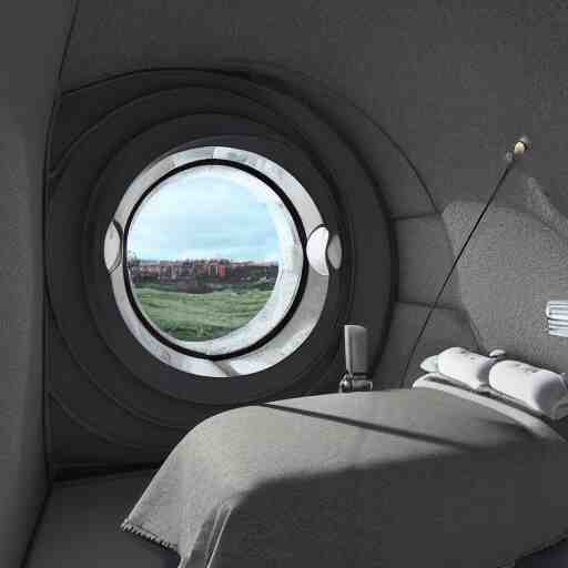 small single bedroom inside space ship with round window looking into space, gray metallic walls, style of engine factory room, 1960s, science fiction, ultra realistic, 4k.