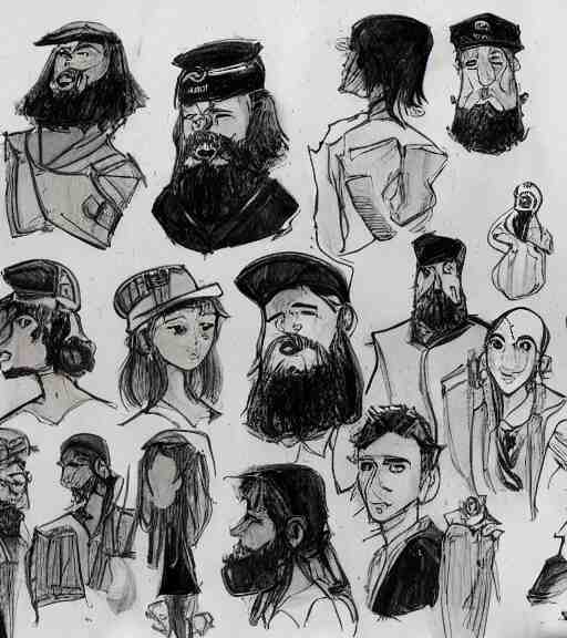 full page scan of many character design sketches. young man,  young mother, man with beard. Everyone has pale grey eyes. sailor caps, German, tapa, simple clothing.  in the style of Jillian Tamaki and Richard Corben. costume designs, pleasant faces, nature colors