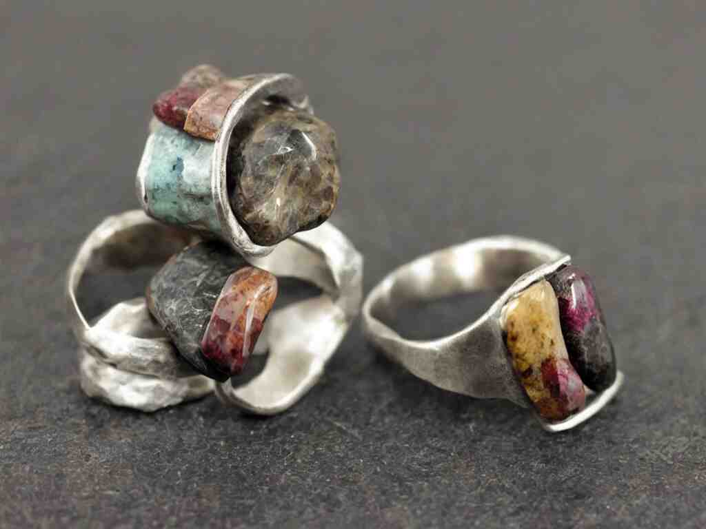 innovative rustic hand made rings hand crafted from silver and brass and natural gemstones