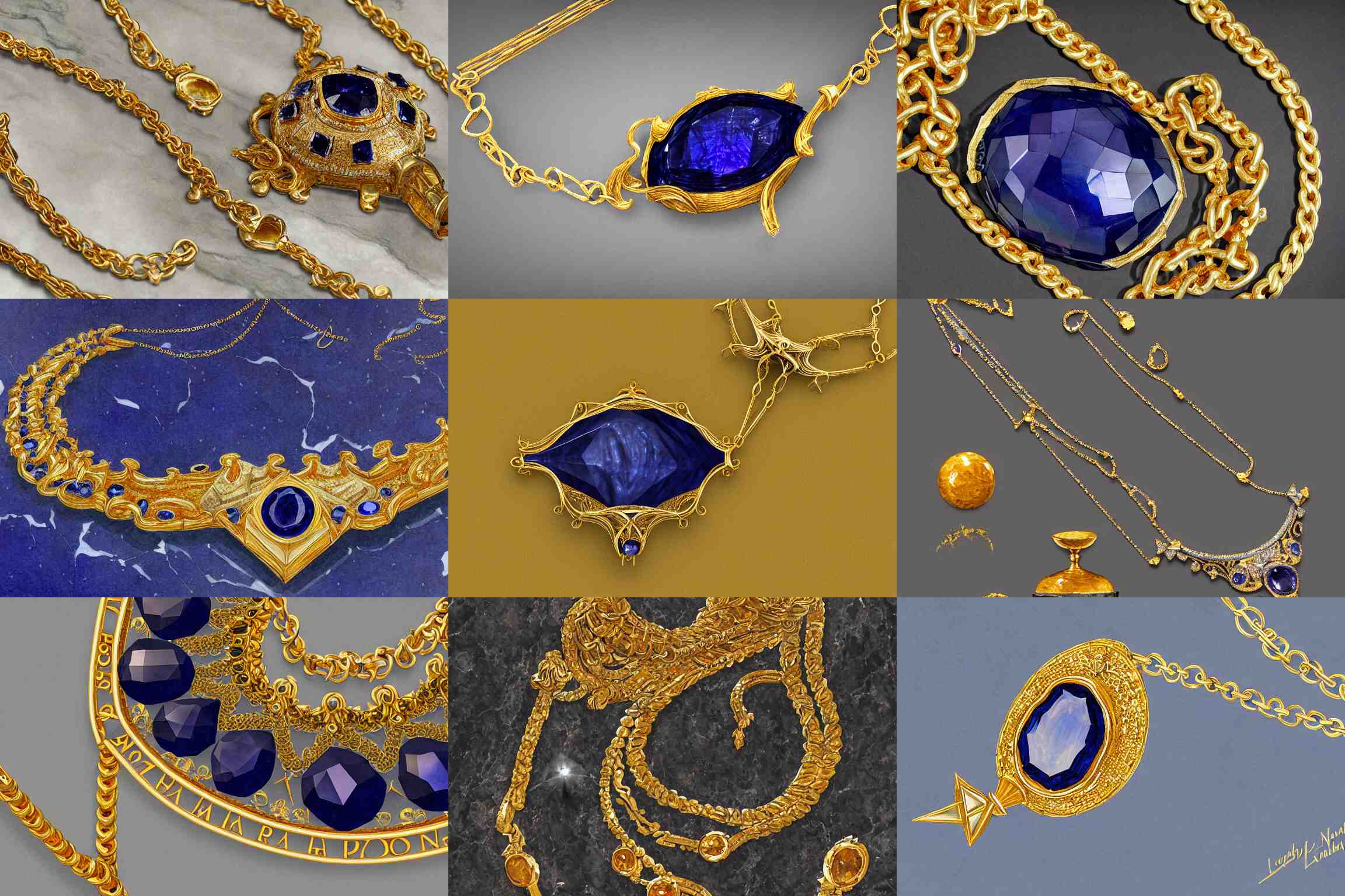 A very highly detailed pointed faceted sapphire necklace with a thin gold chain and gold setting, resting on a polished marble countertop, digital rational painting art by Lindsey Look, Mike Bierek, Kamila Szutenberg, David Auden Nash, Franz Vohwinkel, Volkan Baga, Sung Choi, Ryan Pancoast, fantasy highly detailed, digital concept art, sharp focus, realistic concept art rendered in Octane Render