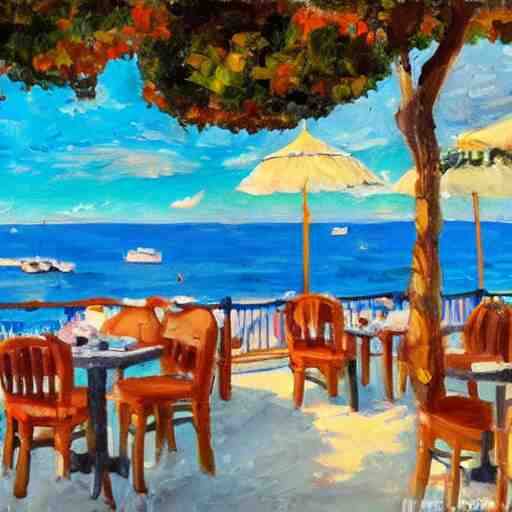 small cafe in italy, capri coast, sea, sunny day, summer, clouds on the sky, oil painting style, 