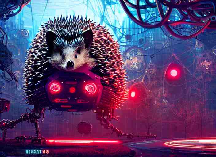  giant intricate mechanical hedgehog with cybernetic enhancements and visible gears and fiber optics, on the background of a weird magical mechanical forest. Very detailed 8k. Fantasy cyberpunk horror. Sharp. Cinematic post-processing. Unreal engine. Nanite. Ray tracing. Parallax. Tessellation