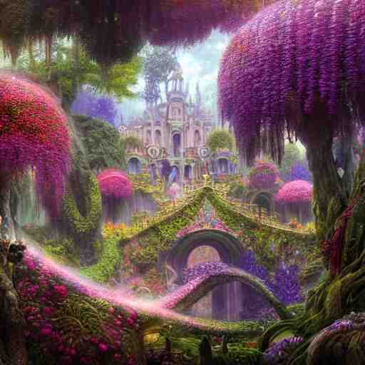 a beautiful and highly detailed matte painting of a beautiful dream palace in a magical fantasy forest garden, colorful flowers, psychedelic, epic scale, insanely complex, hyperdetailed, sharp focus, hyperrealism, artstation, cgsociety, 8 k, bright colors, by caspar friedrich, albert bierstadt, james gurney, brian froud, 