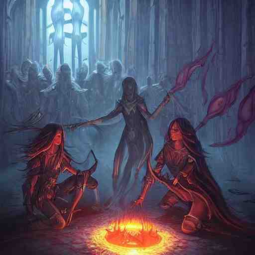 female acolytes using demonic summoning circle to summon a demonic knight. incredible detail. by magali villeneuve and by wlop 