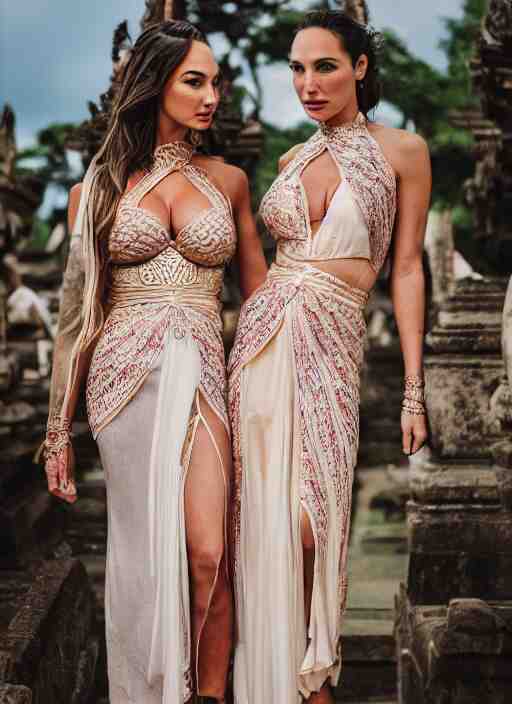 portrait of lindsey pelas and gal gadot wearing kebaya in bali temple, by charlotte grimm, natural light, detailed face, beautiful features, symmetrical, canon eos c 3 0 0, ƒ 1. 8, 3 5 mm, 8 k, medium - format print, half body shot 