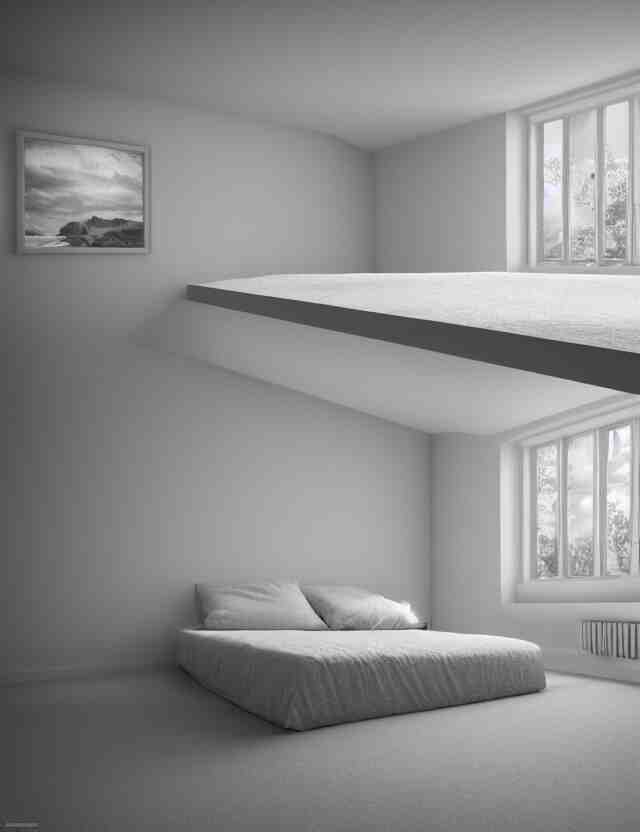 an ultra wide angle photo of a floating bed hovering above the floor in the middle of a giant bedroom with tons of windows opening to other dimensions byandrzej sykut and lee madgewick and m. c. escher!!!!, photorealistic, octane render, recursive!!!!, flowing, cascading, multiverse!!!!!!, labyrinthine 