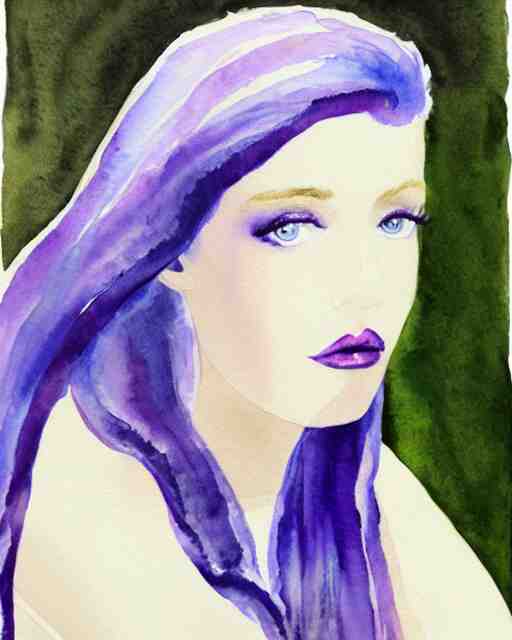 watercolor picture of a beautiful young woman in white dress, looking back at the camera, blue eyes, purple hair, high key, watercolor