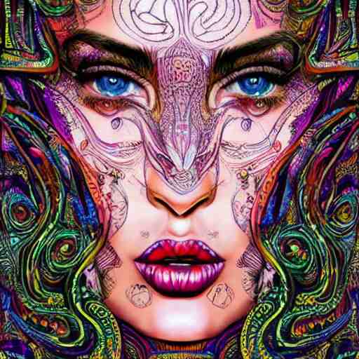 an extremely psychedelic portrait of megan fox, surreal, lsd, face, detailed, intricate, elegant, lithe, highly detailed, digital oth, sharp focus, illustration, 