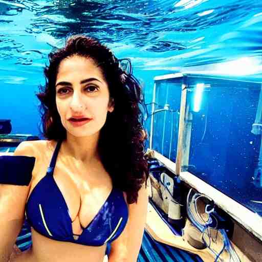 deep sea footage of salma hayak in a bikini by an rov, underwater photograph 