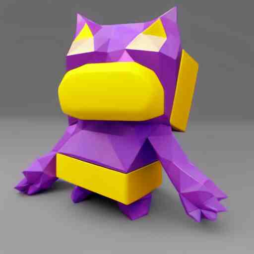 a small purple animal with a yellow box on its head, a low poly render by miyamoto, polycount, rayonism, low poly, polycount, rendered in maya 