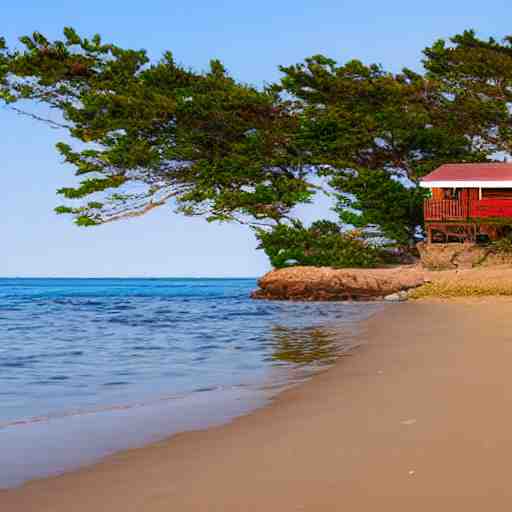 small house on an island beach, gentle waves 