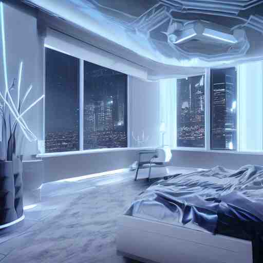 a futuristic luxury white bedroom with ceiling high windows looking out to a cyberpunk cityscape, flying cars, night time, neon lights, cinematic 3d render, unreal engine 5, cgsociety