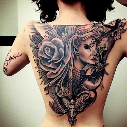 tattoo of Scarlett Johansson, by Loish, back tattoo