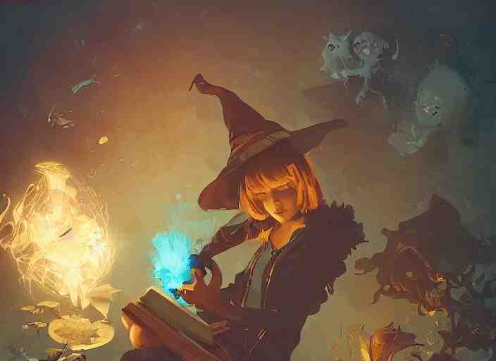 a little witch opening a book of magic art by craig mullins, james gilleard, by joe fenton, by greg rutkowski, by greg tocchini, by kaethe butcher, 4 k resolution, gradient yellow, black, brown and cyan color scheme, grunge aesthetic!!! 